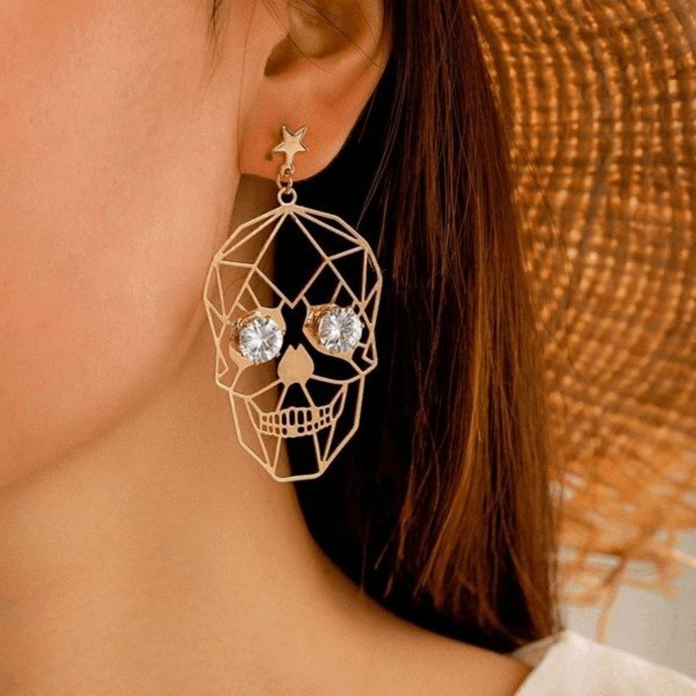 GOLD DIAMOND SKULL DANGLE EARRINGS